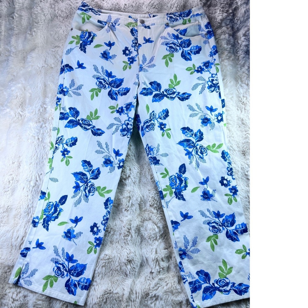 Sigrid Olsen SO Blue Floral Print Pants White Blue Green Stretch Size 14 A18